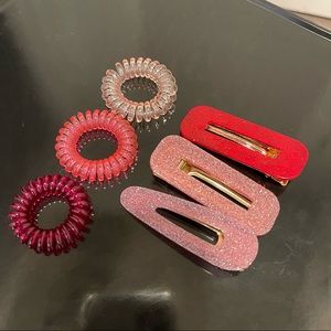 Value Pack! PinkRed three duckbill hair clips and FIVE -pack spiral hair ties